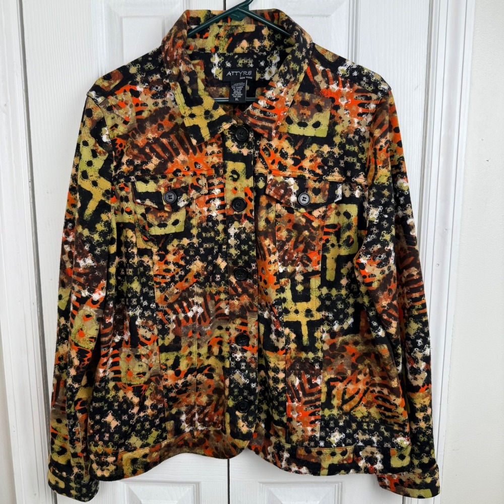 Attyre New York XL Boho‎ Artsy Abstract Print Jacket Y2K Festival Statement Coat